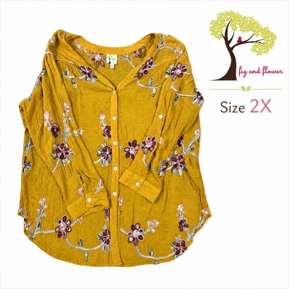 fig and flower Tops - Fig & Flower 2X Mustard Yellow Embroidered Boho Blouse Floral Tunic Top Plus